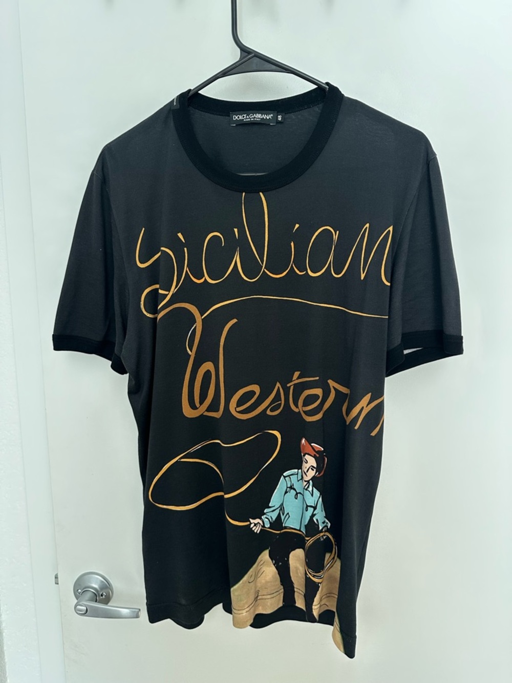 Dolce & Gabbana Black Tee with Gold Western Script and Illustrated Cowboy